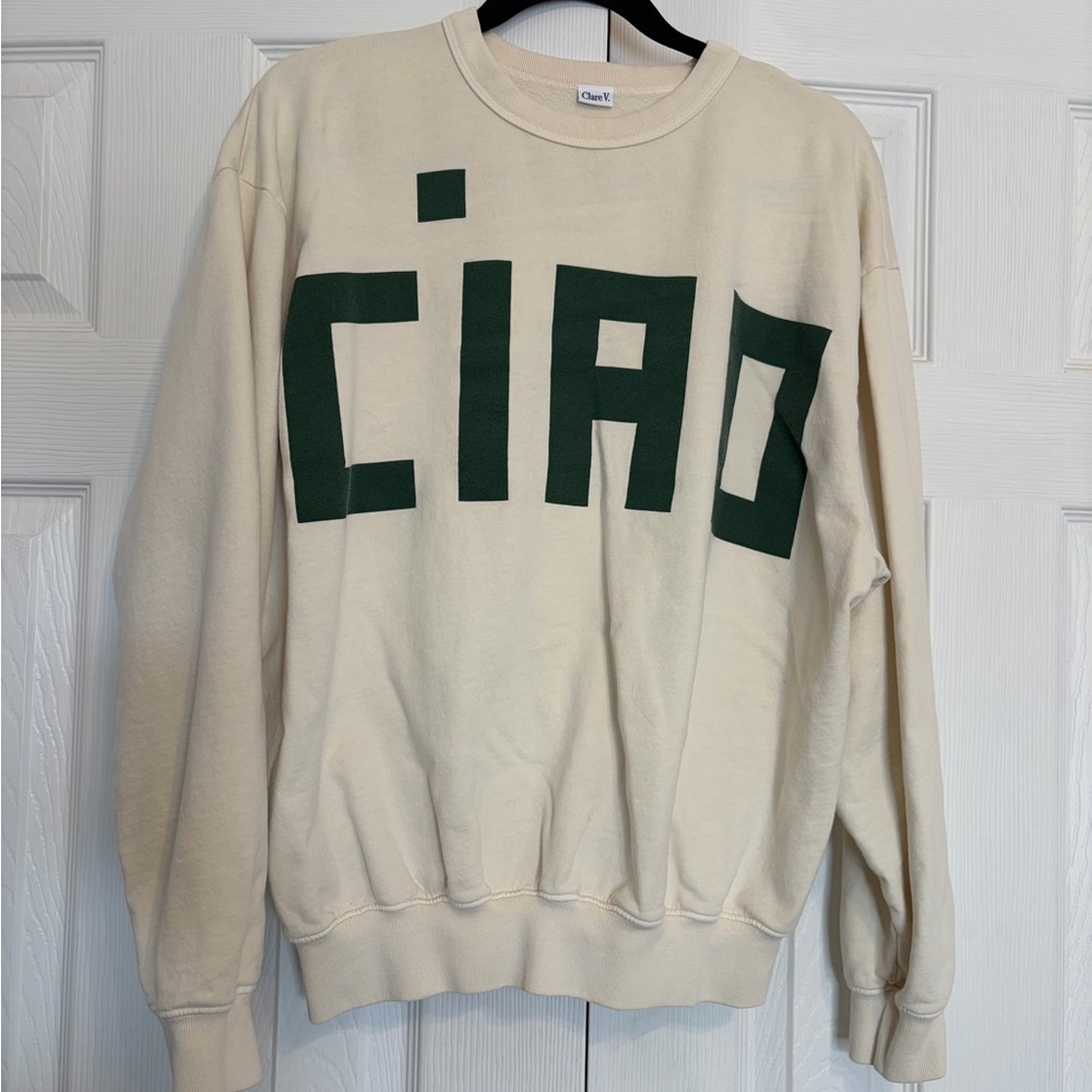 Clare V. CIAO  Oversize CIAO Crewneck Sweatshirt - Cream with Dark Green Print